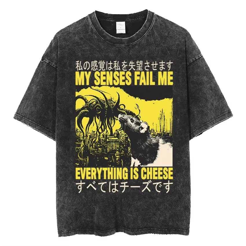 تي شيرتات Vintage Washed The Harbinger of Awkward Situations تي شيرت Weirdcore Japanese Funny Graphic تي شيرت رجالي Harajuku