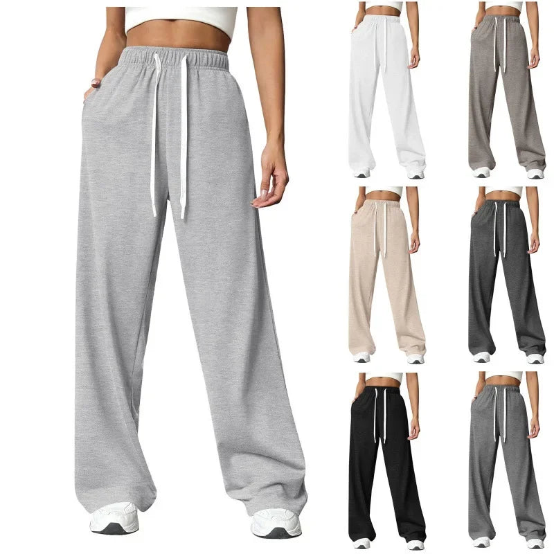 Hot Sale Of The Season New Elastic Waist Pants with Side Pockets Fleece Lined Thick Wide Leg Sweatpants Pure Color Straight Cut