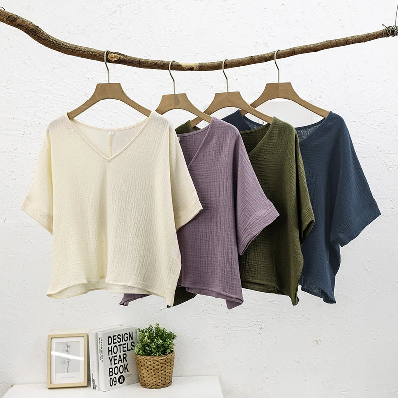 قميص نسائي أنيق من القطن بنسبة 100%، تي شيرت مثير برقبة على شكل حرف V وأكمام قصيرة، قميص فضفاض غير رسمي من الشاش، ملابس الشارع، Ropa Mujer Camisetas