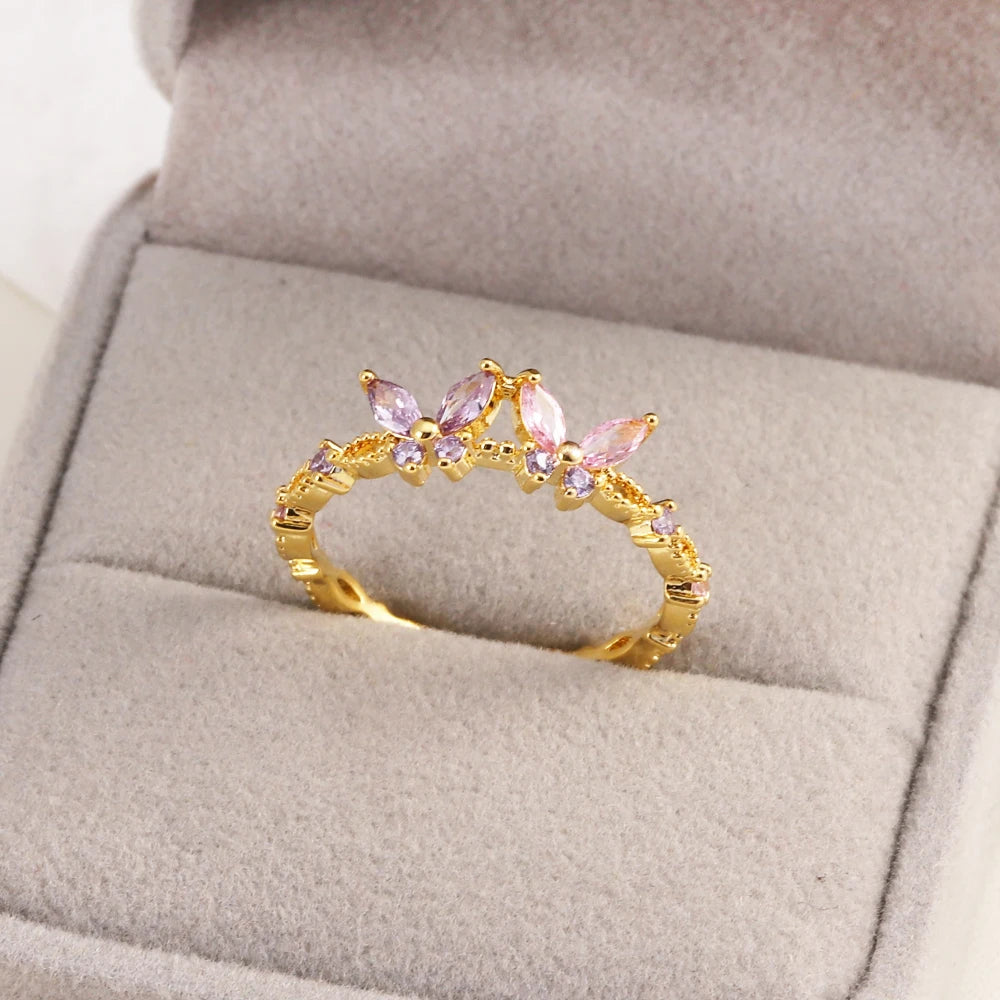 خواتم زهور مرصعة بالزركون المكعب بألوان زاهية ومتألقة للنساء، خاتم فاخر مزين بفيونكة من الزركون الوردي، مجوهرات زفاف للزوجة والصديقة