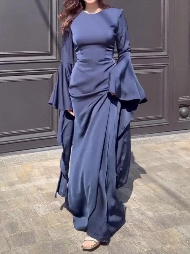 Dress For Women Elegant Solid Color Round Neck Casual Party Long Dresses Simple Sleeve Loose Evening Dresses Vestidos Para Mujer