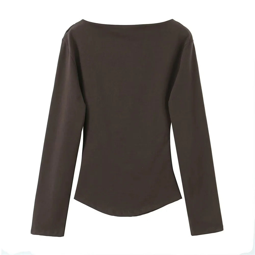 تي شيرت نسائي ثلاثي الألوان مطوي من الجانب مزخرف برقبة دائرية وأكمام طويلة ملابس نسائية جديدة غير رسمية للربيع والصيف