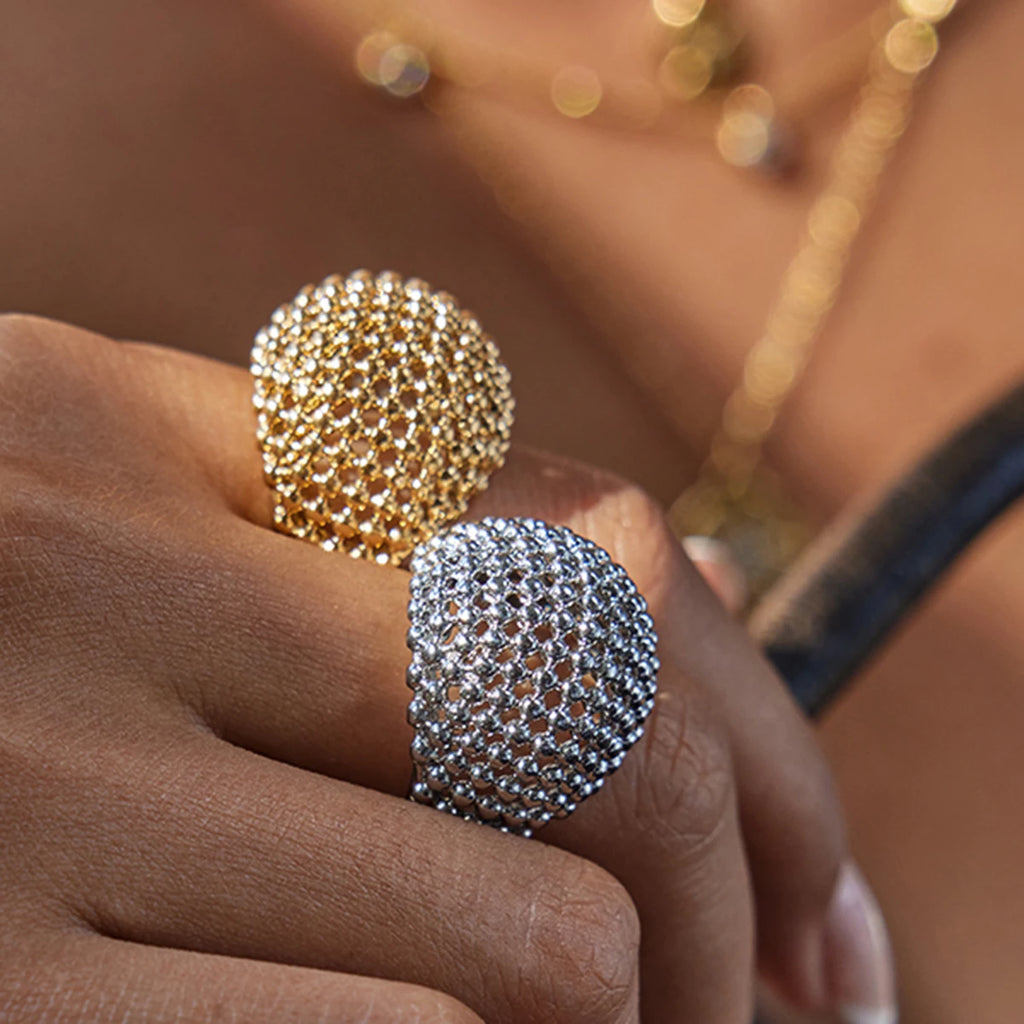 Uworld Commuter Style Geometric Cutout Design Ring Stainless Steel 18K Gold Color Plated Mesh Women's Ring Gift