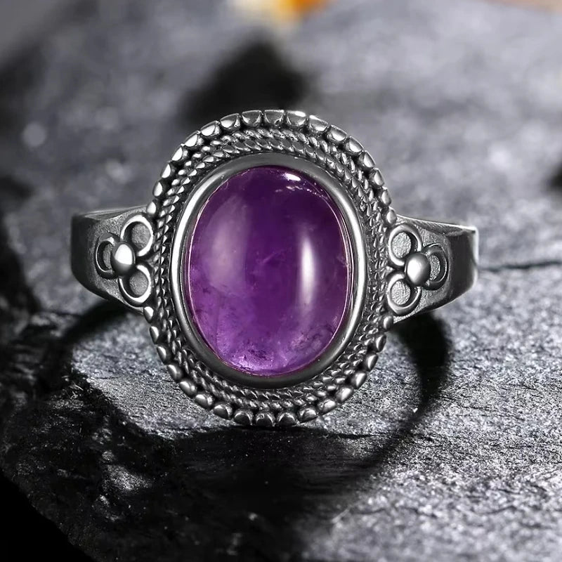 خواتم عتيقة من الفضة الإسترليني عيار 925 مرصعة بحجر الجمشت الطبيعي، بتصميم زهرة، مجوهرات فضية فاخرة بتصميم كلاسيكي، هدايا مثالية للحفلات للنساء والرجال