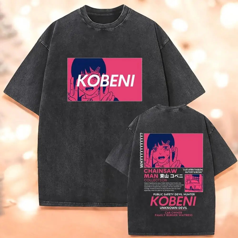 تي شيرت Chainsaw Man X Reze Devil T-Shirt بغسيل حمضي كبير الحجم من الرسوم المتحركة Mange للرجال والنساء ملابس الشارع الكلاسيكية بأكمام قصيرة للرجال والنساء