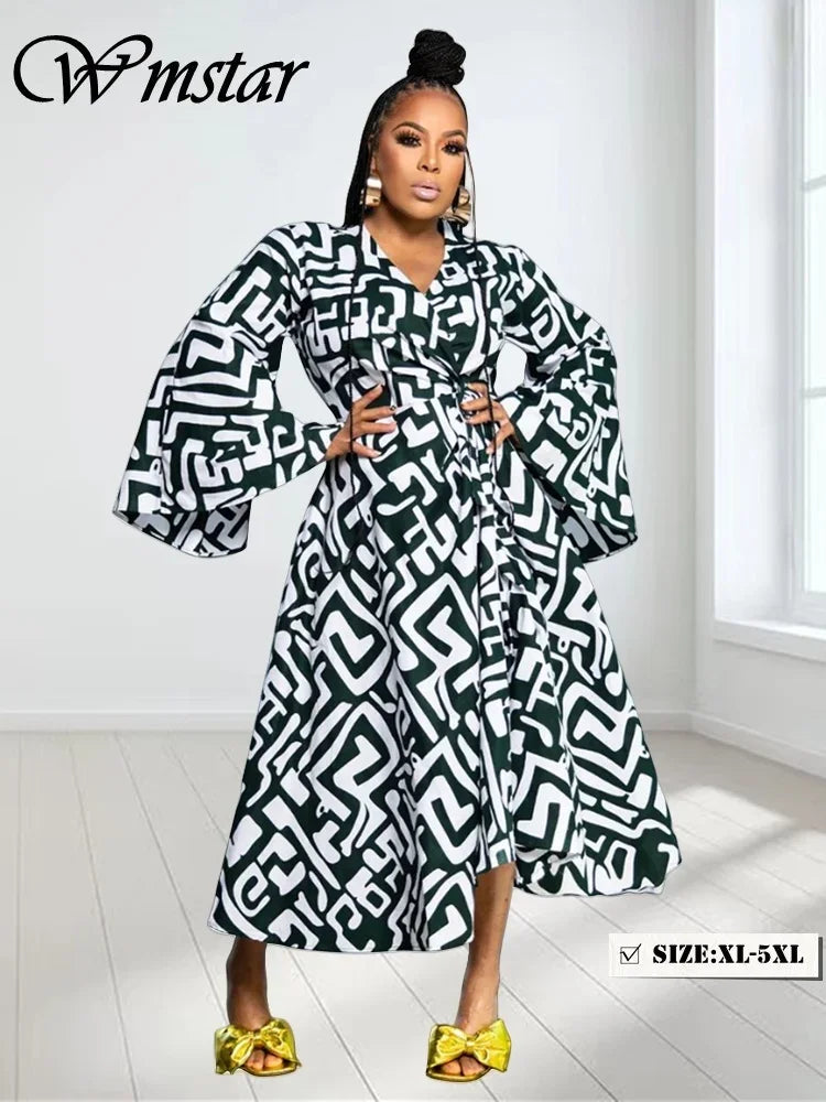 Plus Size Dresses for Women V Neck Elegant Lady Print Loose Sexy Flared  Long Sleeve Fall Maxi Dress Wholesale Dropshipping 2024