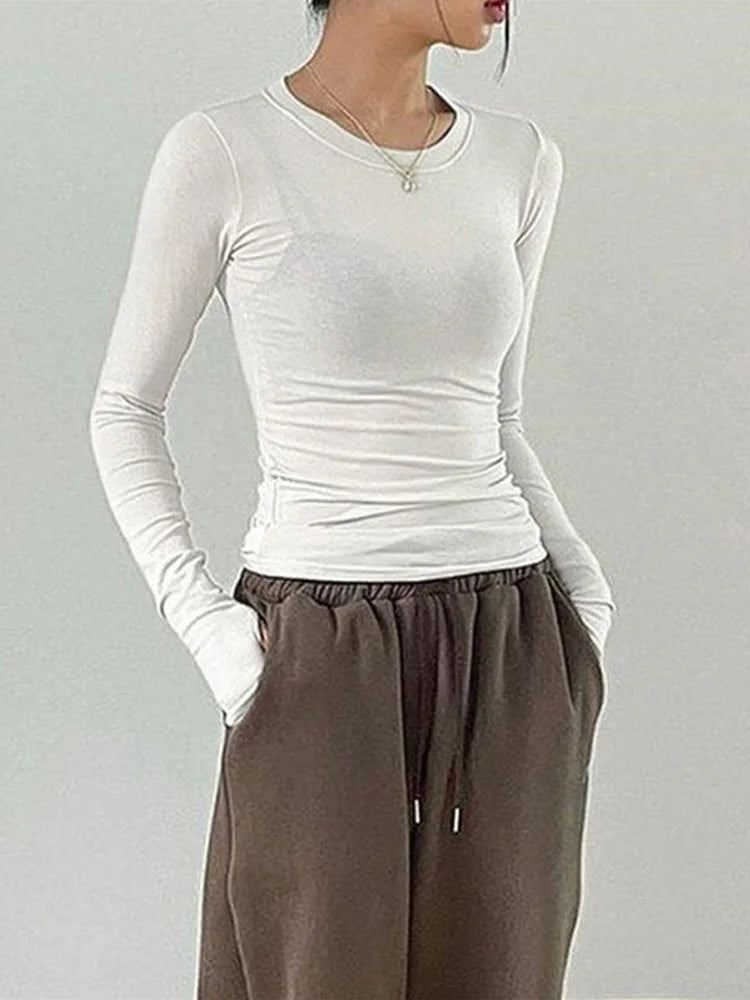 تيشيرتات نسائية كاجوال ضيقة بأكمام طويلة وياقة دائرية، مناسبة لفصلي الربيع والخريف، بألوان سادة مع فتحات للإبهام، ملابس عصرية