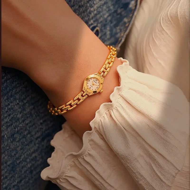 ساعات نسائية أنيقة ذات مينا صغير، ساعات يد ذهبية فاخرة للنساء، ساعات كوارتز بسيطة للنساء