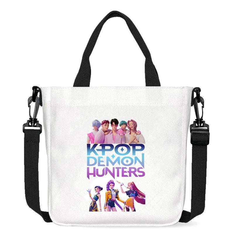 حقيبة قماشية للفتيات بتصميم صيادي أنمي شياطين من كيبوب، حقيبة يد مربعة أرجوانية بسيطة، حقيبة كتف متقاطعة، هدية عيد ميلاد