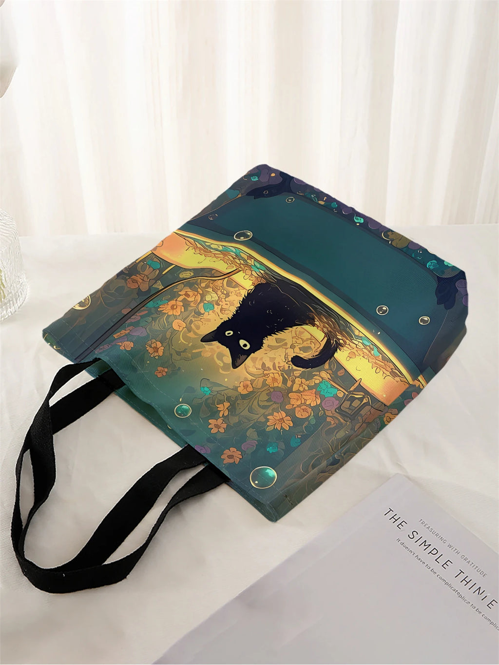 حقيبة تسوق قماشية مطبوعة عليها صورة قطة سوداء، حقيبة تسوق أنيقة قابلة لإعادة الاستخدام، حقيبة تسوق متعددة الوظائف، حقيبة تسوق قماشية مطبوعة