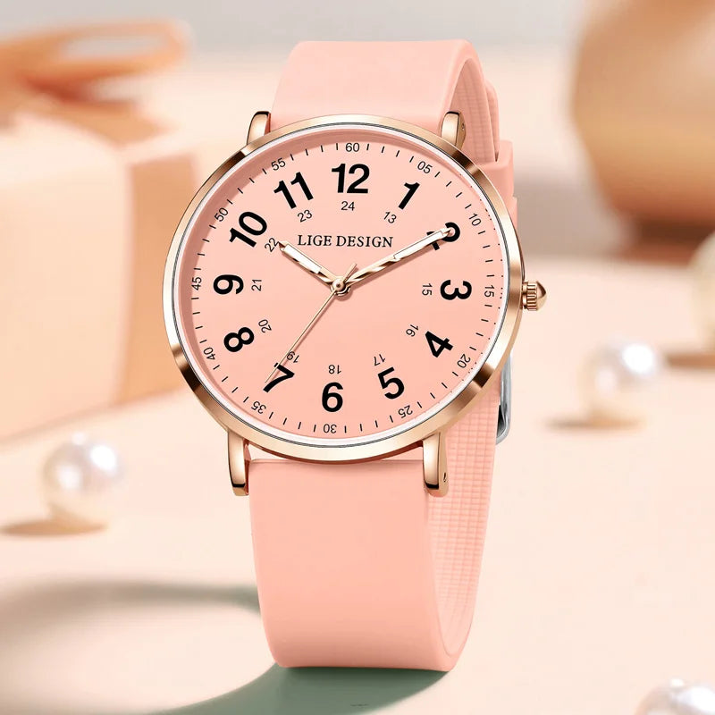 ساعة يد نسائية جديدة من LIGE، ساعة كوارتز فائقة النحافة، مقاومة للماء، مصنوعة من السيليكون المضيء، ساعة وردية اللون