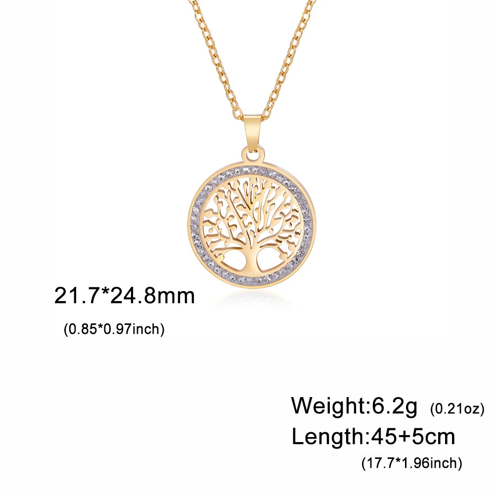 Skyrim Tree of Life Necklace for Women Stainless Steel Gold Color Clear Zircon Round Pendant Neck Chains Luxury Wedding Gift