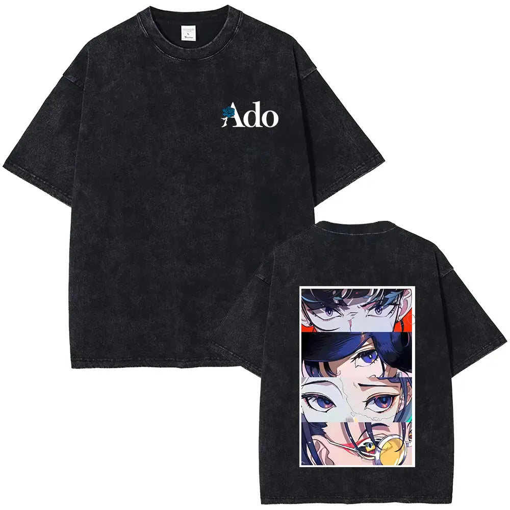 تي شيرت رجالي من القطن الخالص مطبوع عليه عبارة Ado Moth To The Fire Phantom Siita Washed T-shirt، تي شيرت رجالي فضفاض بتصميم ريترو وموسيقى البوب ​​اليابانية