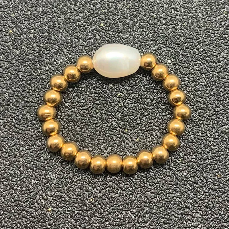 خاتم أنيق من لؤلؤ المياه العذبة مع خرز من الفولاذ المقاوم للصدأ، خواتم زفاف عصرية مصنوعة يدويًا للنساء والفتيات، متوفرة بالجملة