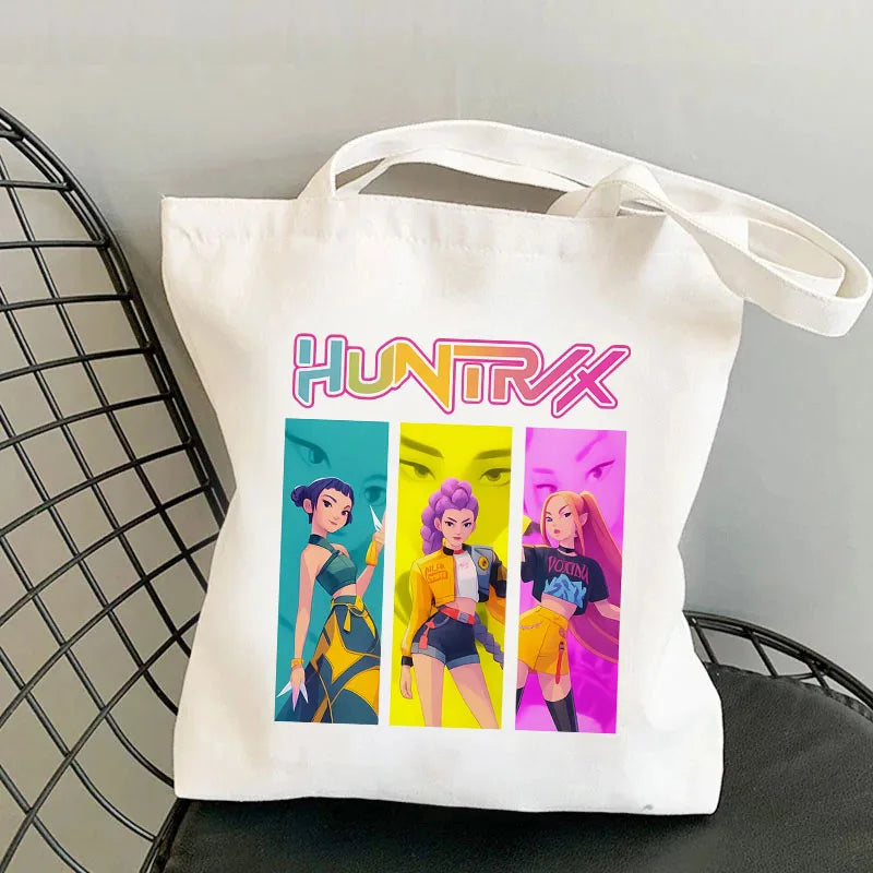 حقيبة تسوق قماشية بتصميم أنيمي صائد الشياطين من كيبوب، حقيبة تسوق عصرية بسعة كبيرة، حقيبة يد نسائية