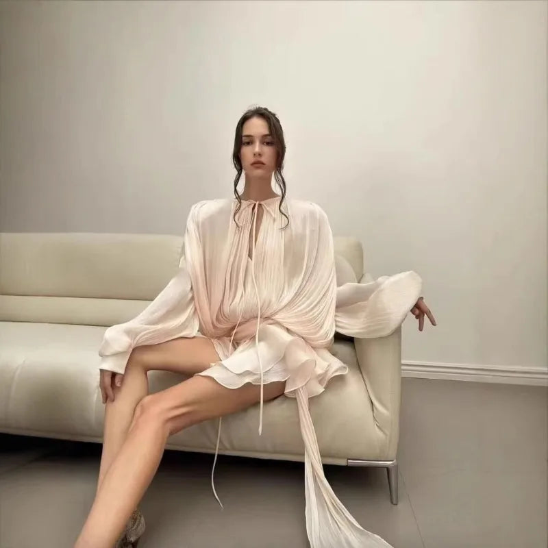 Elegant Solid Pleated Blouse Mini Dresses Women V Neck Lace Up Long Lantern Sleeve Dress 2025 Street Beach Vocation Short Robes