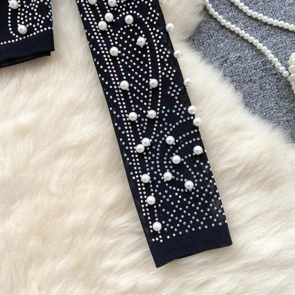 قميص نسائي أنيق بأكمام طويلة من حجر الراين، تي شيرت كوري أنيق، رقبة مربعة، مثير، أنيق