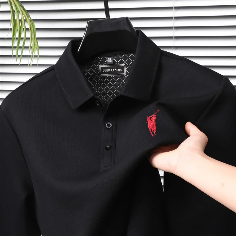 قميص بولو رجالي بأكمام طويلة لخريف وشتاء 2025، قميص بولو كاجوال للأعمال مع شعار حصان صغير