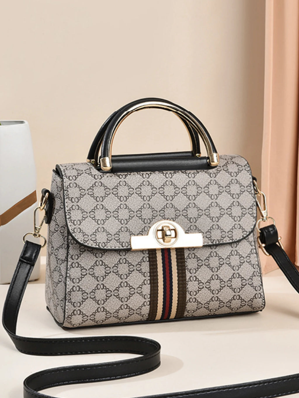 حقيبة يد مزخرفة مطبوعة هندسية عصرية، حقيبة كتف أنيقة ومتعددة الاستخدامات، حقيبة كروس كبيرة السعة