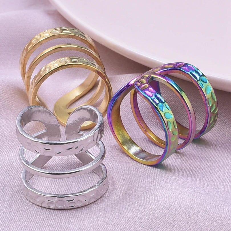 1Pc Stainless Steel Waterproof Women Personality Textured Chunky Open Rings Vintage Hollow Irregular Multi-layer Anillos Jewelry
