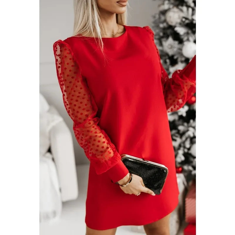 New Women's  Fashionable Solid Color Long Sleeved Party Dress Ladies Casual Mesh Sleeve Round Neck Comfortable Dress