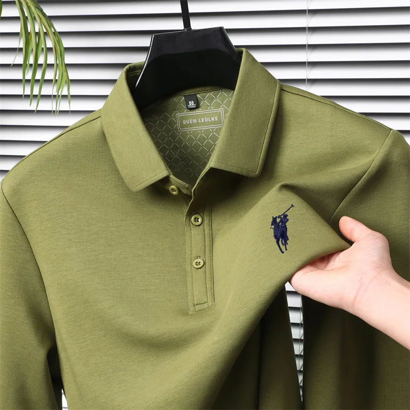 قميص بولو رجالي بأكمام طويلة لخريف وشتاء 2025، قميص بولو كاجوال للأعمال مع شعار حصان صغير