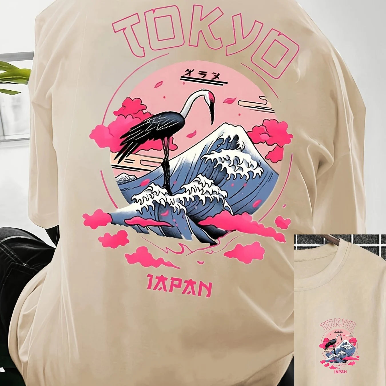 تيشيرت رجالي صيفي مصنوع من القطن الخالص بنسبة 100%، بنقشة طوكيو العصرية، فضفاض، بياقة دائرية وأكمام قصيرة.