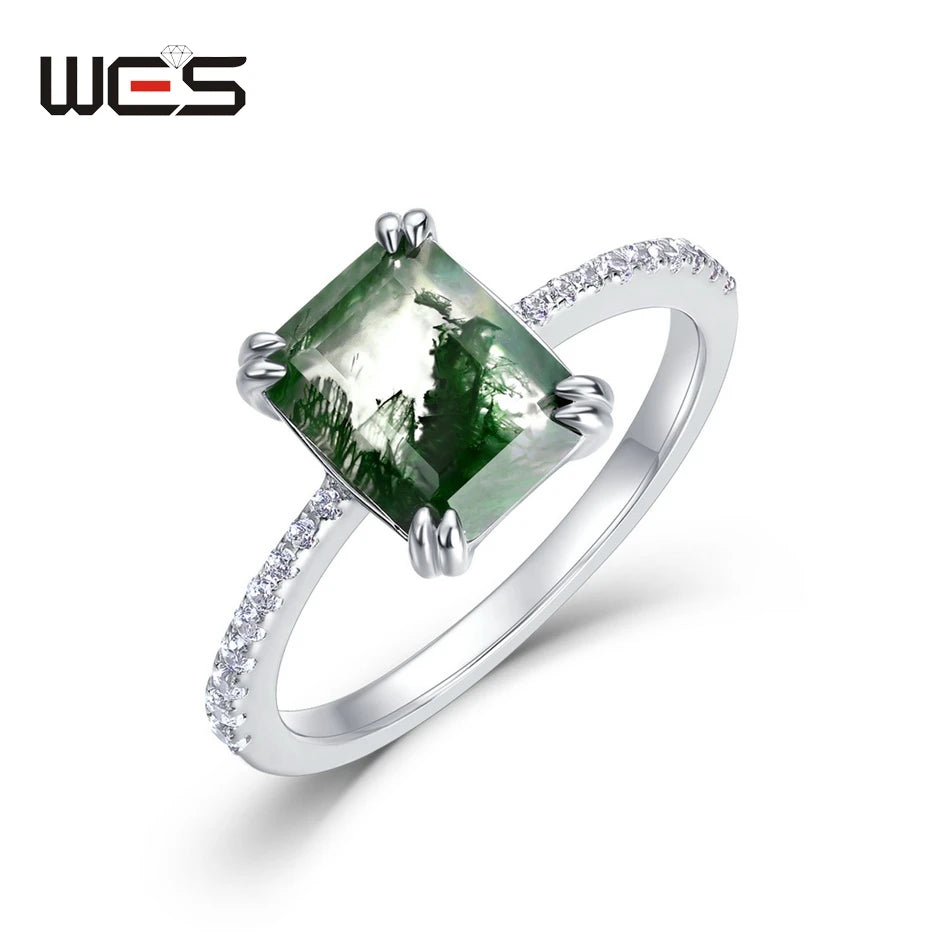 خواتم خطوبة فريدة من نوعها من الفضة الإسترليني عيار 925 من WES مقاس 7*9 مم مصنوعة من العقيق الطحلب الطبيعي للنساء، مجوهرات غابة بوهو، هدية لها بالجملة