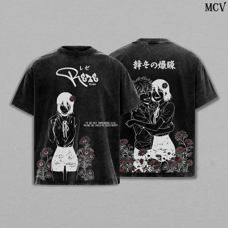 تي شيرت رجالي ونسائي مطبوع عليه صورة فيلم أنمي جديد، رجل المنشار، Reze Rrc، مقاس كبير، بتصميم عتيق، بأكمام قصيرة فضفاضة، مطبوع عليه رسوم متحركة ومانجا