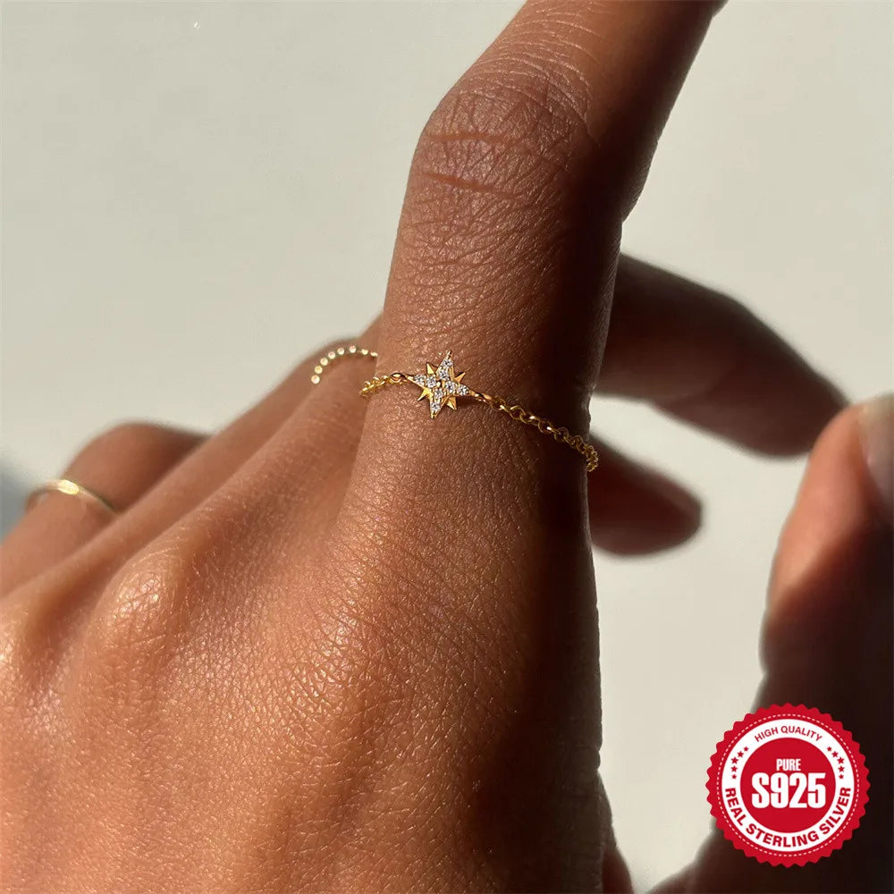 خواتم روكسي من الفضة الإسترليني عيار 925 بتصميمات نجوم مثمنة/دائرية/بتلات مرصعة بالزركون، للنساء، بسلسلة قابلة للتعديل.