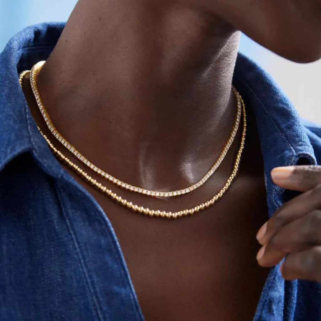 MHS.SUN Fashion Stainless Steel Gold Color Ball Beaded Pearl Necklace 4/6/8/10MM Metal Beads Adjustable Jewelry for Women Men