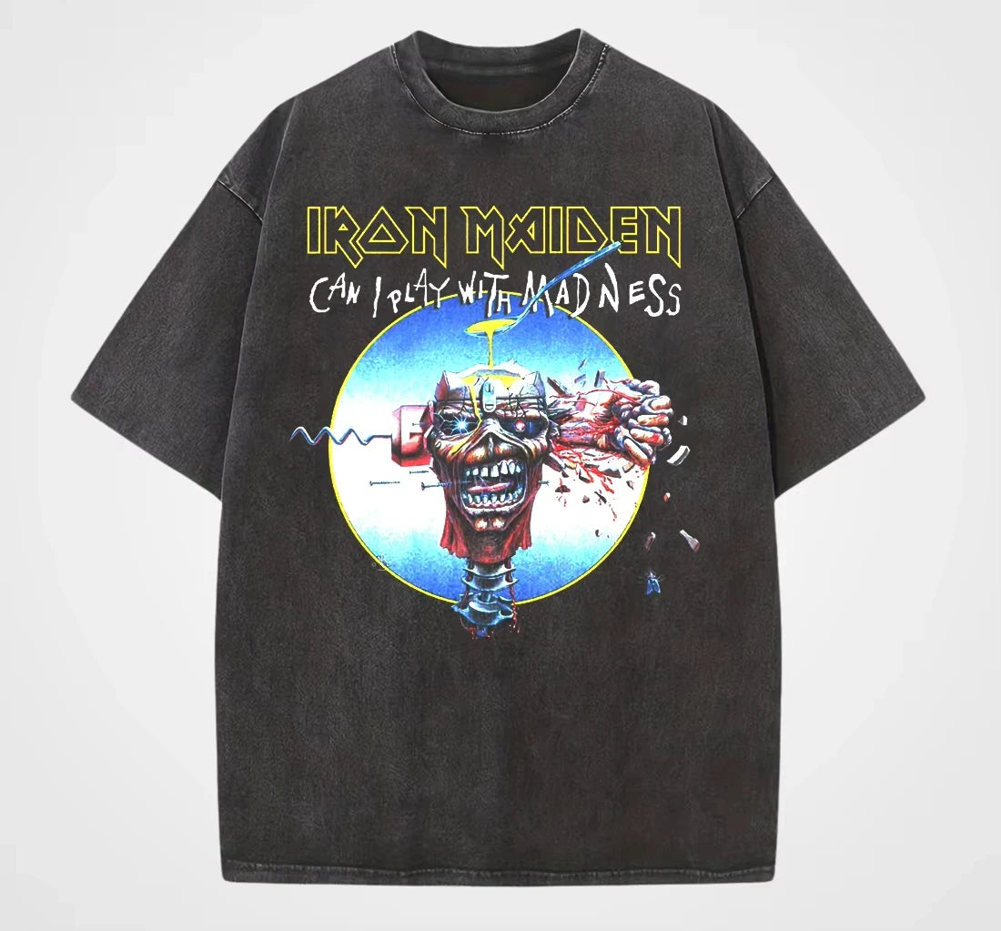 تي شيرت رجالي ونسائي عتيق من LRON Maiden Iron Lady Rock Washed بتصميم هيب هوب أمريكي عتيق بأكمام قصيرة ونصف عصرية