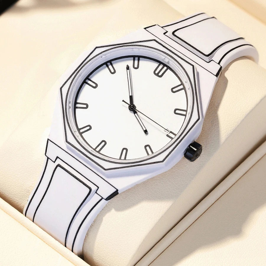 ساعة يد نسائية فاخرة كوارتز بسوار سيليكون ناعم، مقاومة للماء، بتصميم عصري بسيط مستوحى من القصص المصورة، باللونين الأسود والأبيض