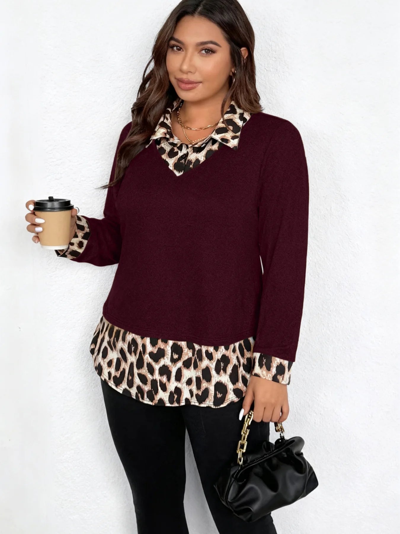 American Style Hot Girl Leopard Print Collar Long Sleeve T-Shirt Women's Spring New Slim Fit Base Layer Top