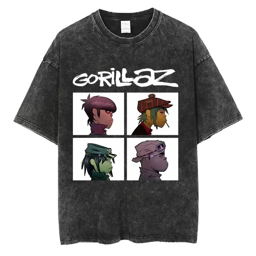 تي شيرت رجالي مطبوع عليه صورة فرقة روك كلاسيكية مغسولة من Gorillaz The Now Now، تي شيرت رجالي بتصميم قوطي بانك عتيق، فضفاض للجنسين