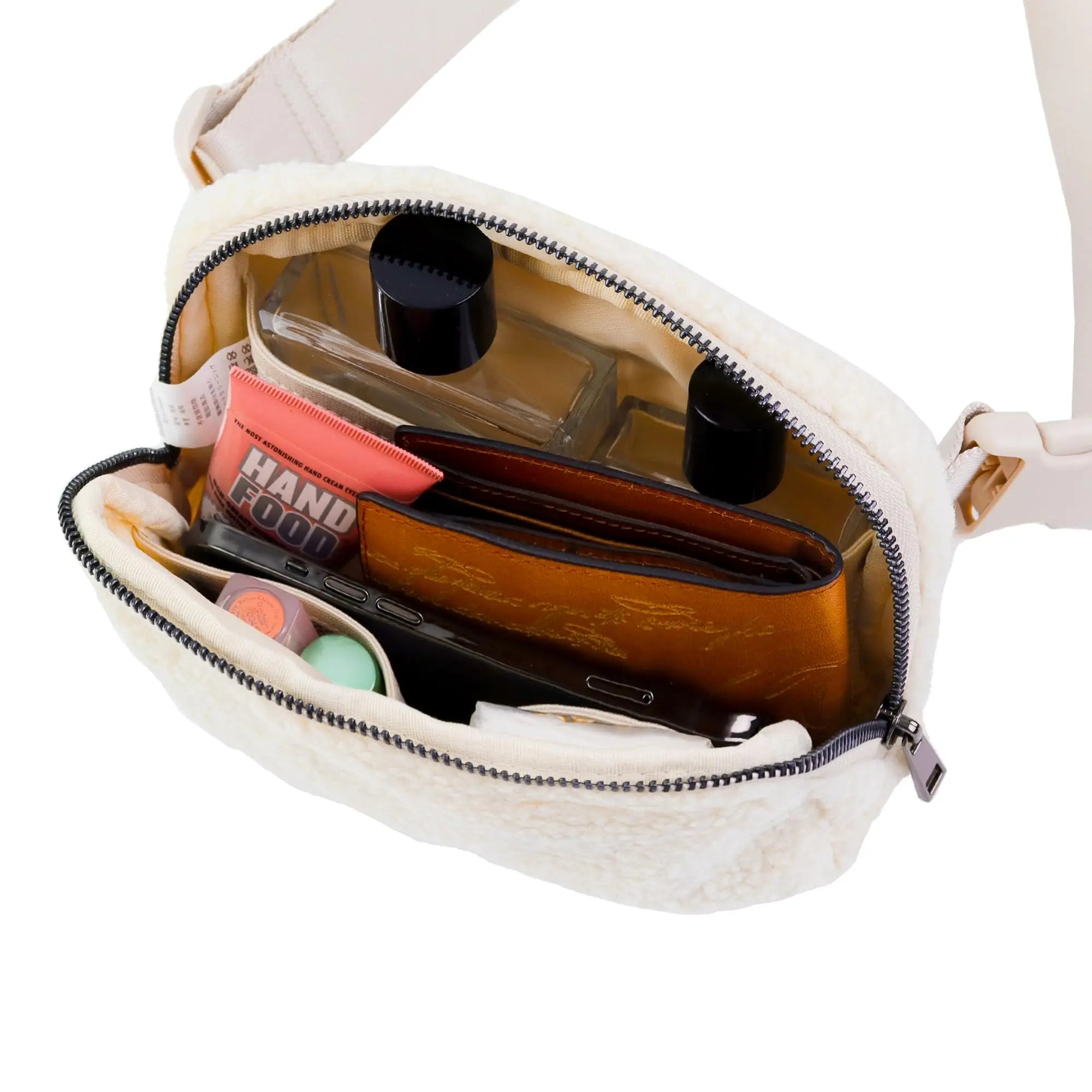 حقيبة حزام من الصوف الشتوي لكل مكان حقيبة كروس بودي نسائية بيضاء حقيبة خصر صغيرة بحزام قابل للتعديل (عاجي)