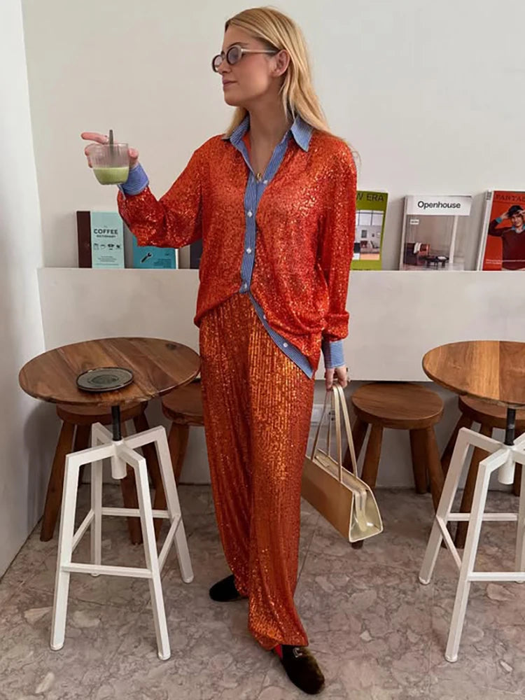 طقم مكون من قطعتين من السراويل الفضفاضة المرصعة بالترتر للنساء، قميص بأكمام طويلة وبنطلون أنيق للنساء، طقم مكون من قطعتين من السراويل الطويلة