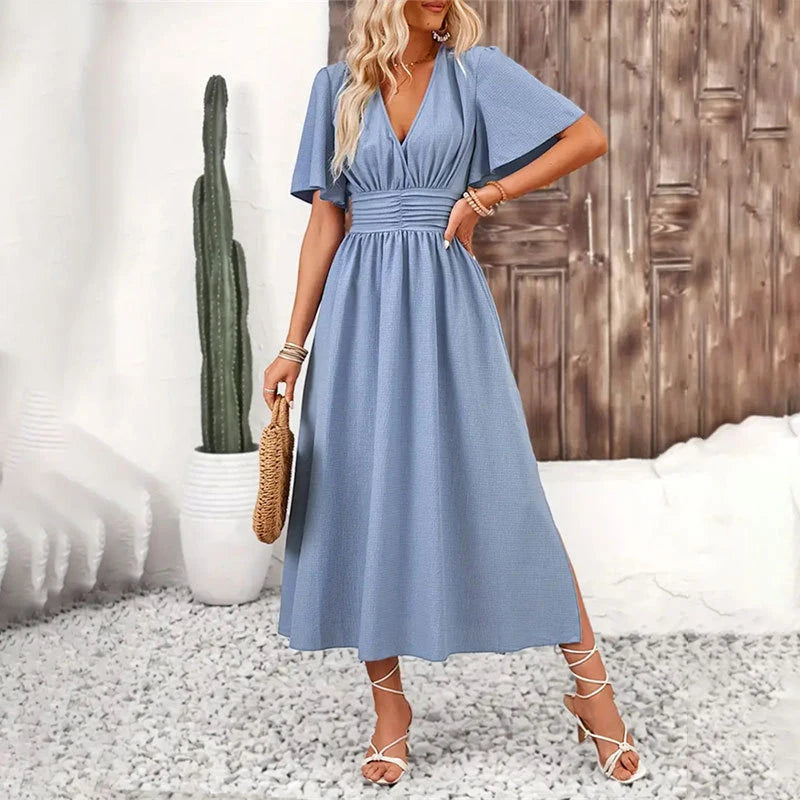 Women V-Neck Ruffled Short Sleeve Dress Elegant Elastic Waist Split Pleated Maxi Vestidos Beach Vocation Female Casual Long Robe