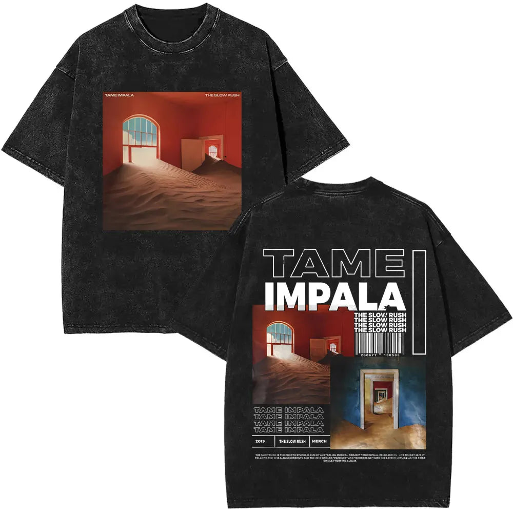 تي شيرت رجالي كاجوال فضفاض بأكمام قصيرة من القطن مطبوع عليه عبارة VintageWashed Pop Rock Band Tames Impala Current Graphic Print
