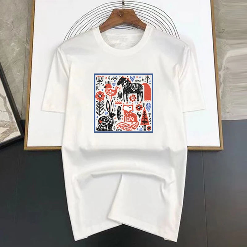 تي شيرت رجالي كاجوال بأكمام قصيرة من القطن بطبعة غابة ملونة، مقاس كبير، ملابس نسائية، تي شيرتات صيفية، أزياء الشارع