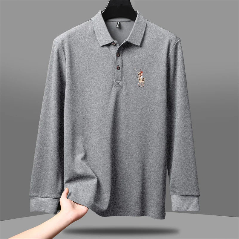 قميص بولو أمريكي للرجال خريف وشتاء عصري من العلامة التجارية العصرية غير الرسمية مطرز بأكمام طويلة للرجال