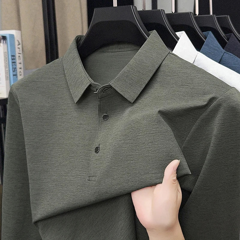 تي شيرت رجالي بأكمام طويلة مناسب للربيع والخريف، بتصميم رقيق، مناسب للأب في منتصف العمر، مع بلوزة بياقة وقميص بولو أساسي