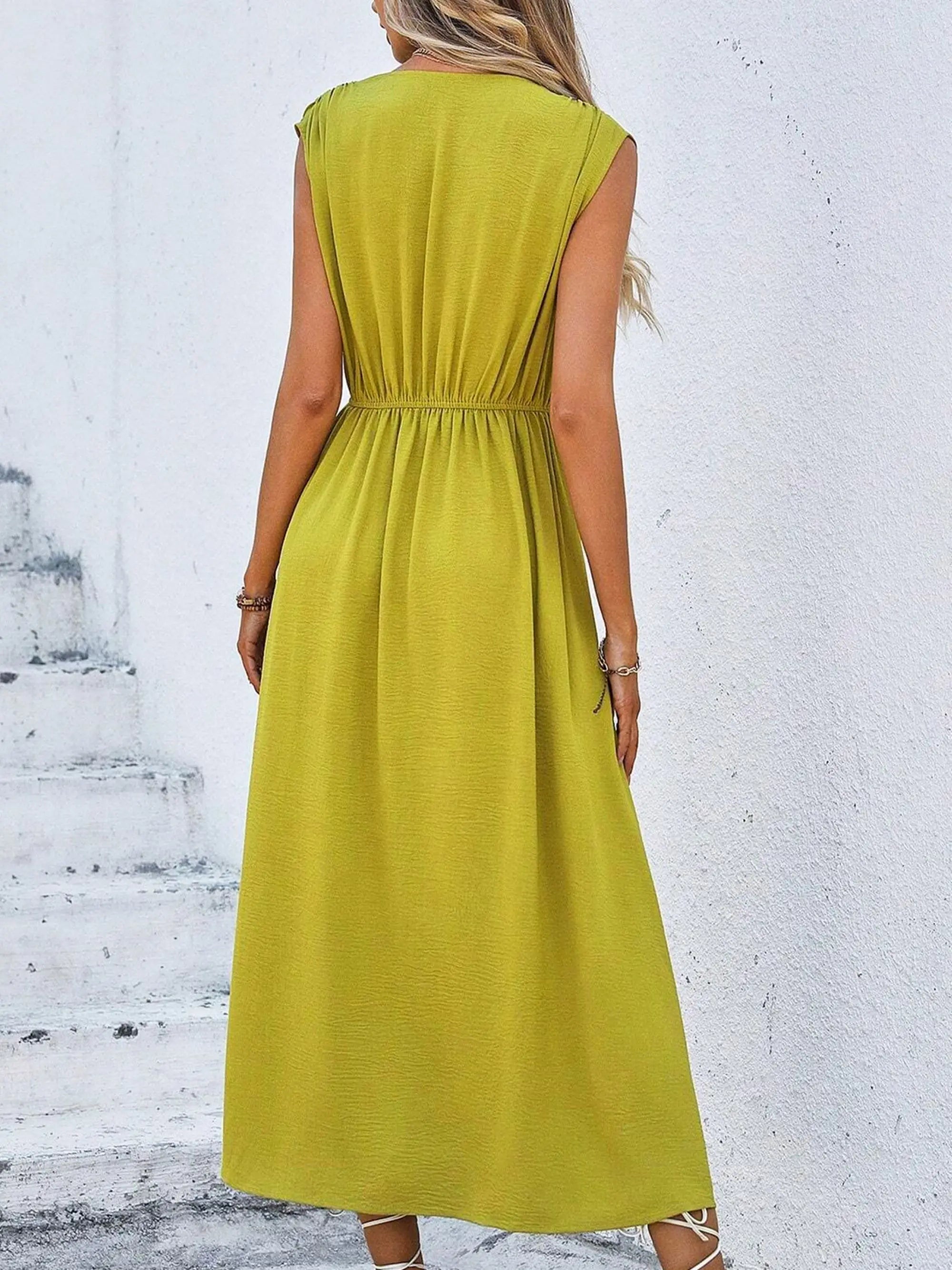 Women's Solid Color A-Line Dress Sleeveless Front Thin Straps Elegant Belted Midi Dress for Summer