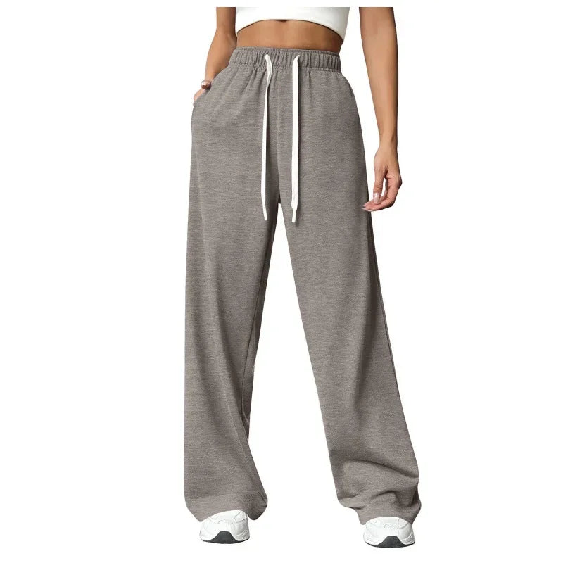 Hot Sale Of The Season New Elastic Waist Pants with Side Pockets Fleece Lined Thick Wide Leg Sweatpants Pure Color Straight Cut