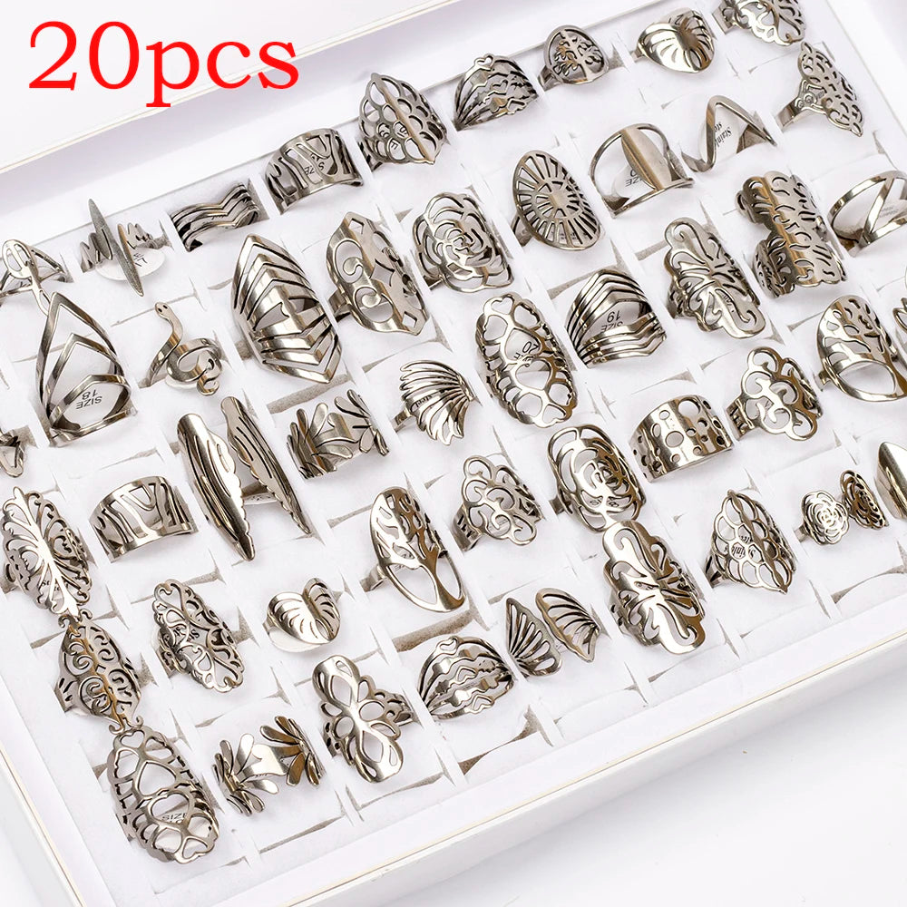 مجموعة من 20 قطعة من خواتم المجوهرات النسائية الأنيقة المصنوعة من الفولاذ المقاوم للصدأ، بأحجام كبيرة وصغيرة، بتصميمات مجوفة على شكل قلب وزهرة الحب، مثالية كهدية للحفلات.