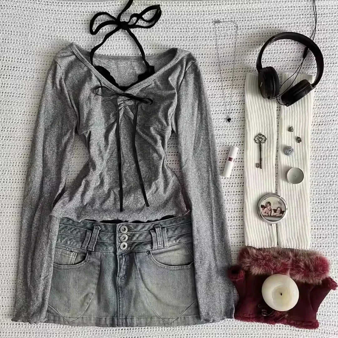 قمصان نسائية خريفية بياقة مدورة مع حواف من الدانتيل وقصة ضيقة وحاشية متعددة الطبقات وأكمام طويلة ونمط مقصوص