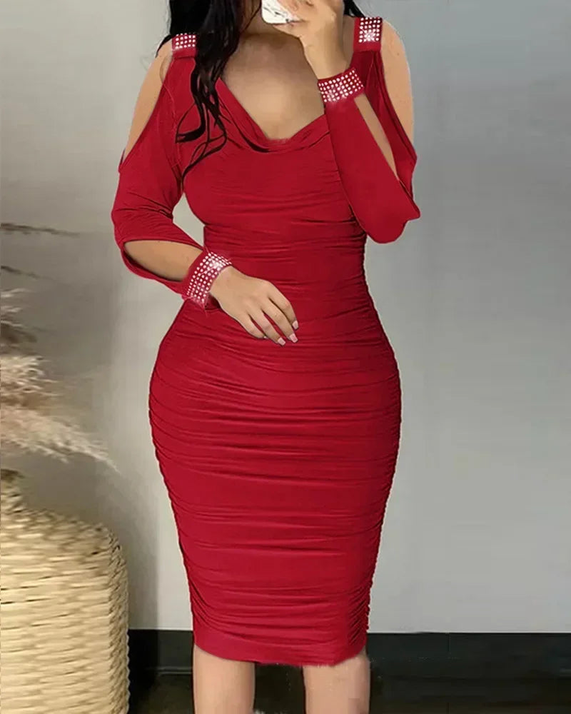 2025Women's Sexy Elegant Off Shoulder Party Tight Dress Red Color V-Neck Hollow Out Diamond Long Sleeve Stacked Slim Dress Women