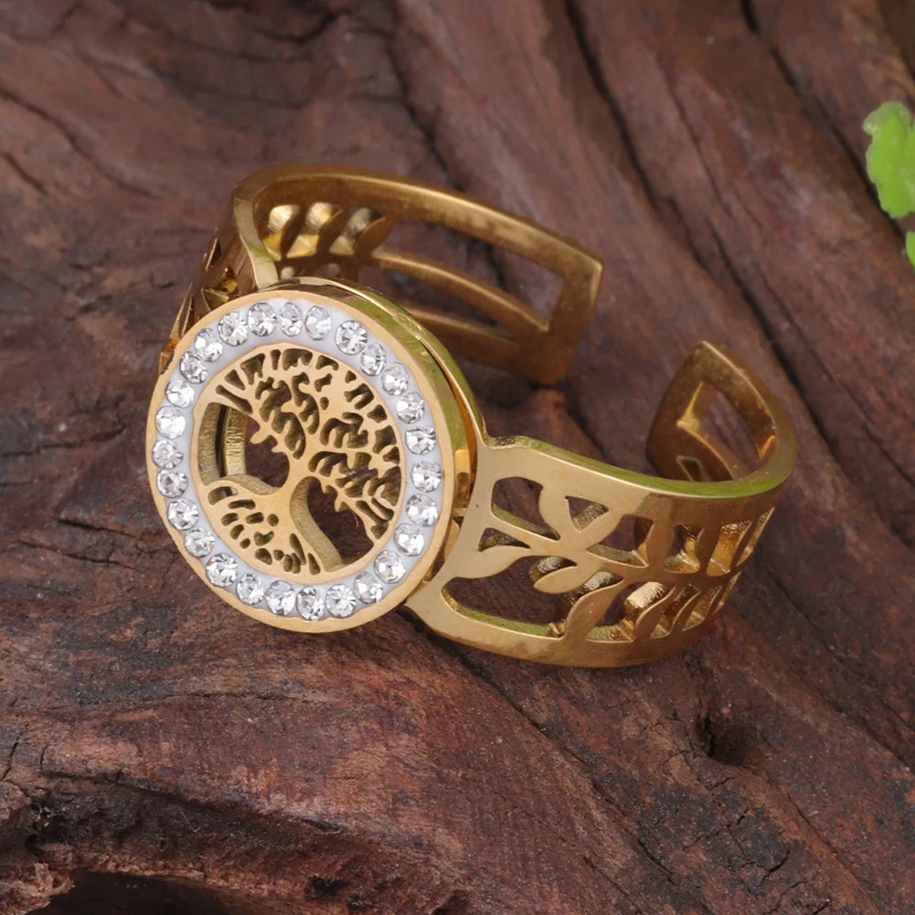 خاتم نسائي من الفولاذ المقاوم للصدأ من كرينج كوكو، قابل للتعديل، بتصميم شجرة الحياة، مرصع بأحجار الراين، خاتم أنيق للمواعدة للنساء