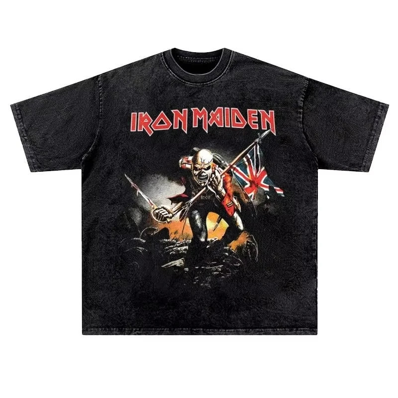 تي شيرت رجالي ونسائي عتيق من LRON Maiden Iron Lady Rock Washed بتصميم هيب هوب أمريكي عتيق بأكمام قصيرة ونصف عصرية