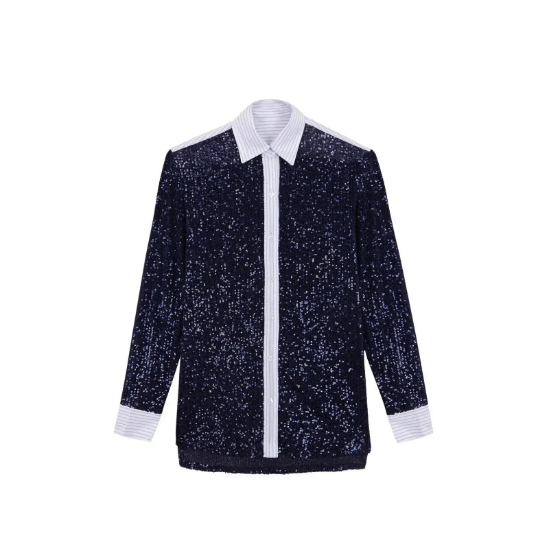 طقم مكون من قطعتين من السراويل الفضفاضة المرصعة بالترتر للنساء، قميص بأكمام طويلة وبنطلون أنيق للنساء، طقم مكون من قطعتين من السراويل الطويلة